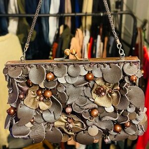 Vintage Y2K Leather and Faux Pearl Beaded Clutch